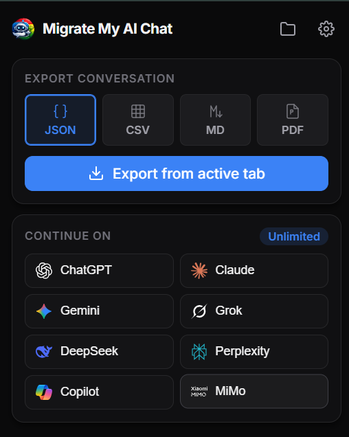 Extension UI showing migration